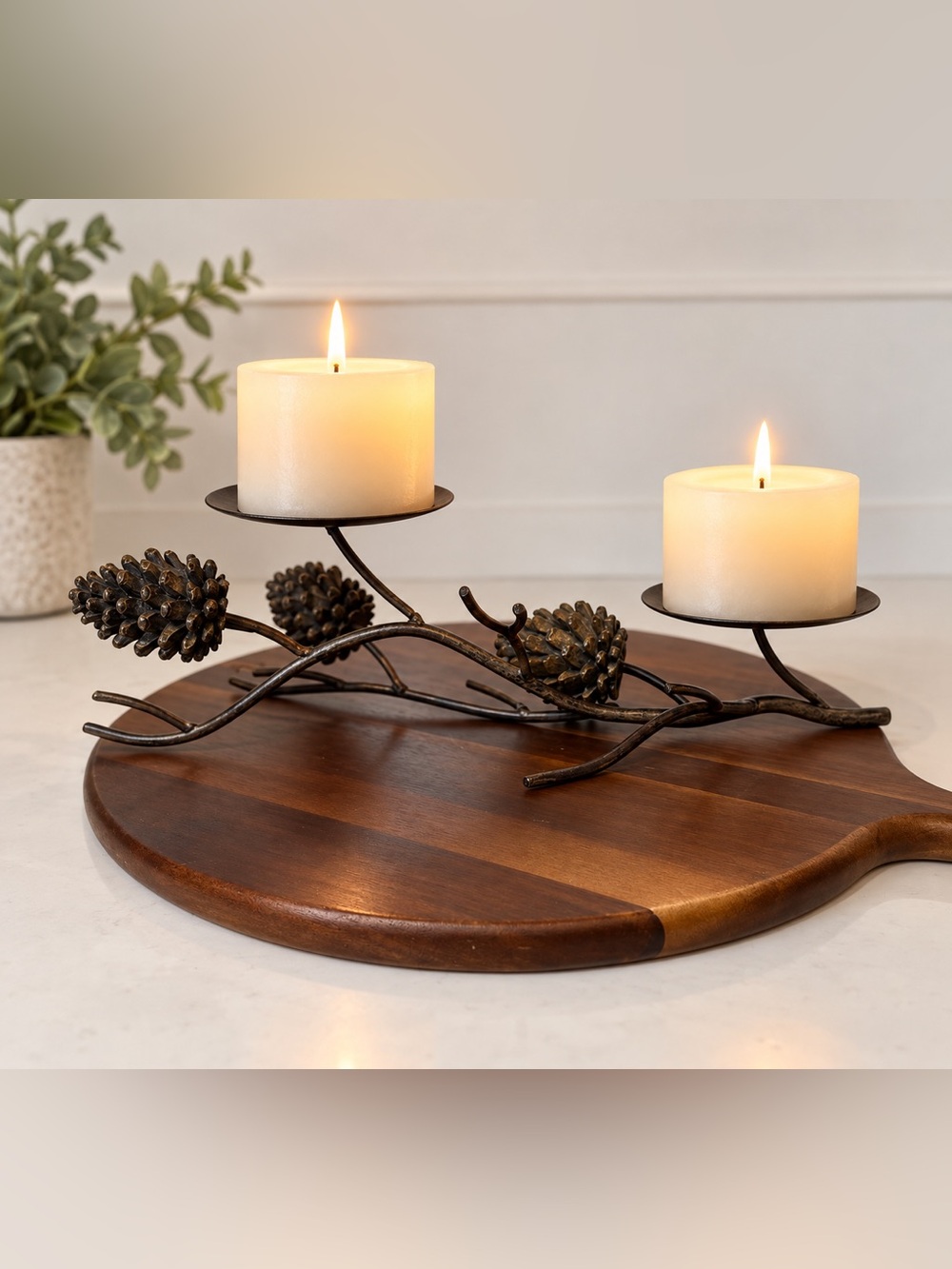 Rustic Pinecone Branch 3 Pillar Candle Holder Stand Centerpiece